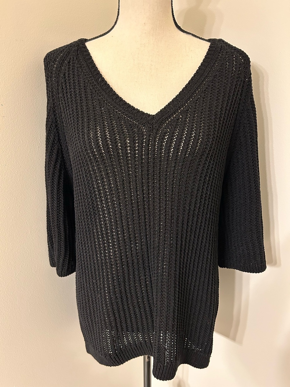 Massimo Dutti Black V-Neck Ribbed Open Knit Sweater SZ L